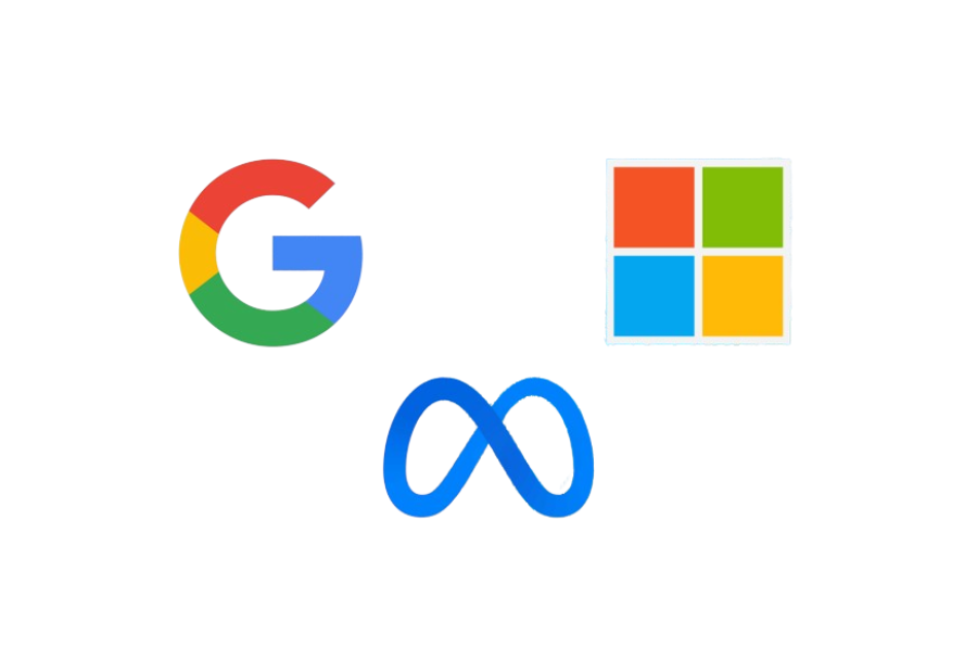 Google, Meta en Microsoft logo's